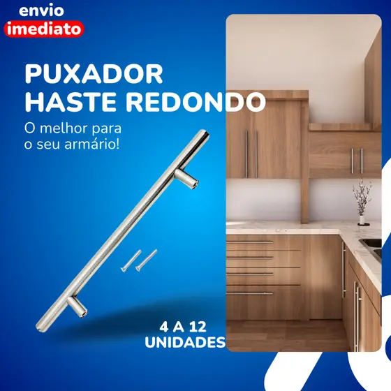 Kit Puxador De Gaveta Armario Inox Escovado Haste Redonda 64mm 96mm 128mm 160mm 192mm 224mm Parafuso