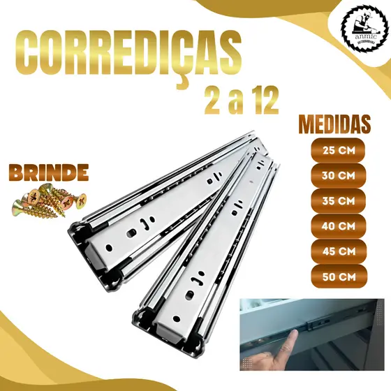 Par Corrediça Telescópica Para Gaveta Com Parafusos 25cm 30cm 35cm 40cm 45cm 50cm Aco 20kg 30kg