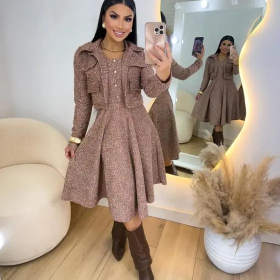 Kit Conjunto 2 Peça Vestido+Casaco Blêizer Tecido Malha Tweed Moda Evangélica, Formaturas, Missas*