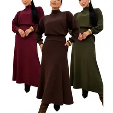 Conjunto Feminino Moda Evangélica em Malha Canelada Premium com Blusa Manga Morcego e Saia Longa
