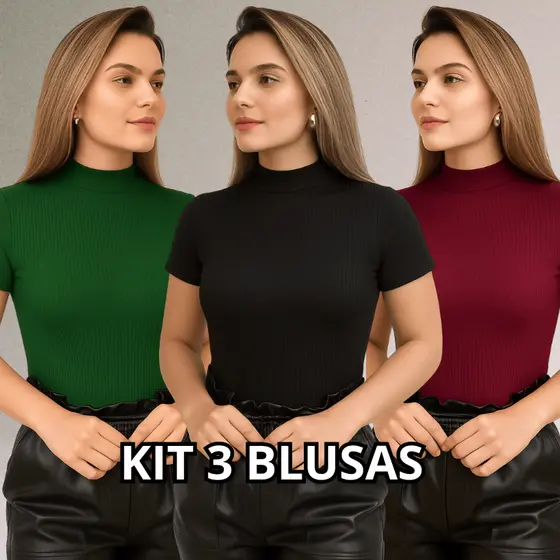 KIT 3 Blusa Canelada Feminina Gola Alta Manga Curta Canelado Premium
