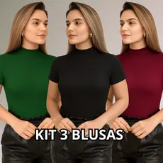 KIT 3 Blusa Canelada Feminina Gola Alta Manga Curta Canelado Premium