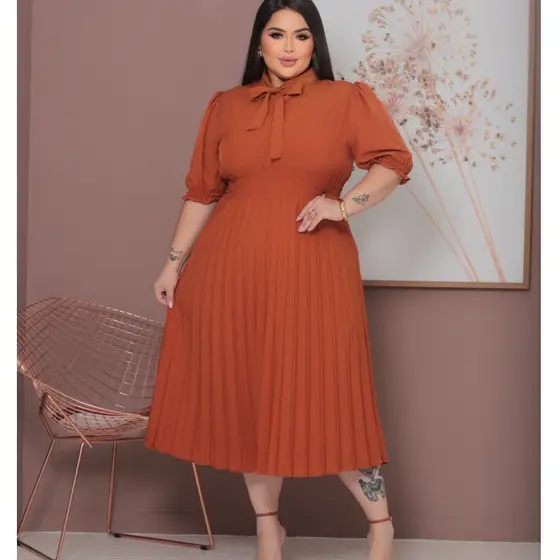 Vestido Midi Feminino Evangélico Plissado Manga Bufante Plus Size  Laço na Gola  Elástex na Cintura