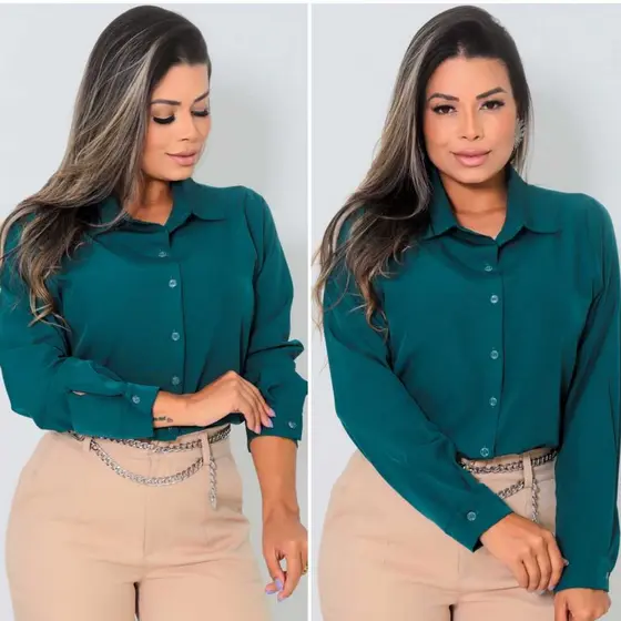Camisa Social Feminina Manga Longa Crepinho Elegante Alfaiataria Blusa Chique Escritório P M G GG