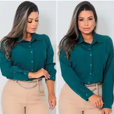 Camisa Social Feminina Manga Longa Crepinho Elegante Alfaiataria Blusa Chique Escritório P M G GG