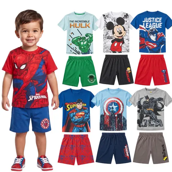 Kit 4 Peças de Roupa Menino Infantil Personagens Verão 2 bermudas + 2 camisetas Conjunto Personagem