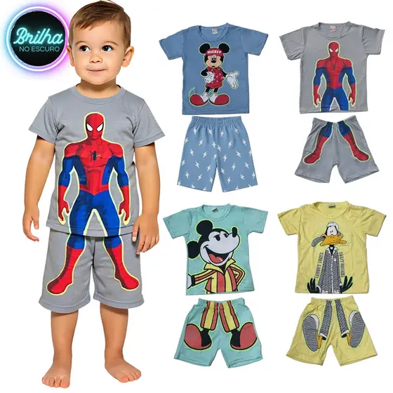 Kits Pijama Brilha no Escuro Personagens Menino Infantil Mickey Homem Aranha Malha Levinha P/ Dormir