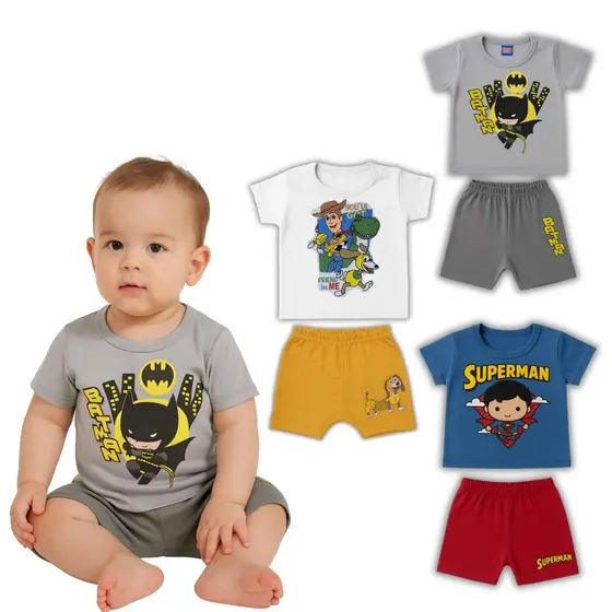 Kit 6 Peças Conjunto Verão Infantil Menino Bebê P ao GG Masculino Calor Personagens Batman Aranha