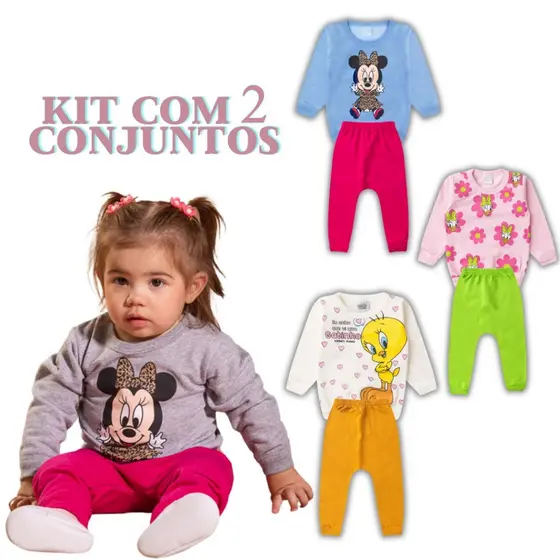 Kit 4 Peças Conjunto Moletom Infantil Menina Bebê P ao 3 Feminino Frio Inverno Personagens Minnie