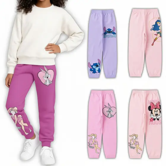 Kit com 02 Calças Moletom Infantil Menina Flanelada de Frio Personagens Feminino Minnie Stitch Lolla