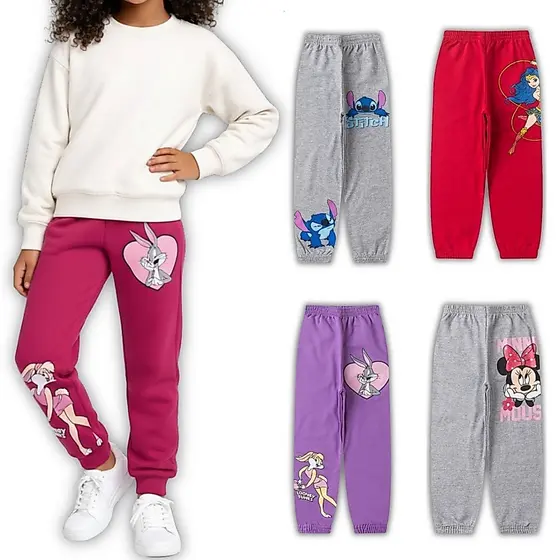 Kit com 03 Calças Moletom Infantil Menina Flanelada de Frio Personagens Feminino Minnie Stitch Lolla