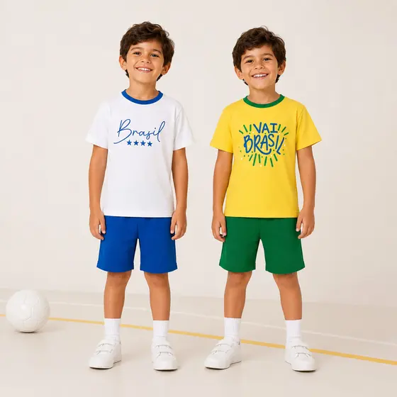 Conjunto Brasil Infantil Copa do Mundo Camiseta + Bermuda Seleção Brasileira Amarelo e Branco 4 a 12