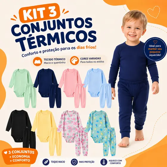 Kit 6 Peças Conjunto Térmico 3 Bodys + 3 Calças Infantil para Bebe Menino e Menina Peluciado Inverno