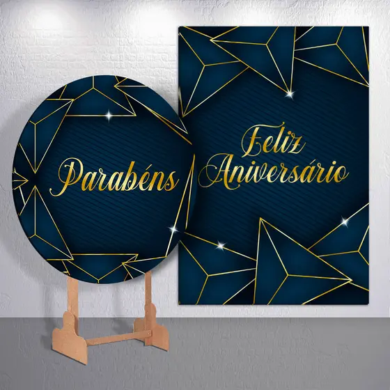 Kit Painel Festa Azul Dourado Parabéns Redondo Retangular Trio Capas Cilindro P M G