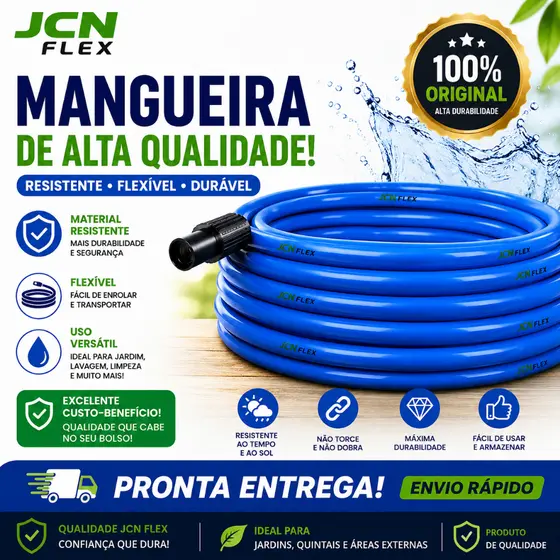 Mangueira de Jardim Reforçada Lisa Flexível PVC com Esguicho e Engates 7 10 15 20 25 30 50 Metros JCN FLEX