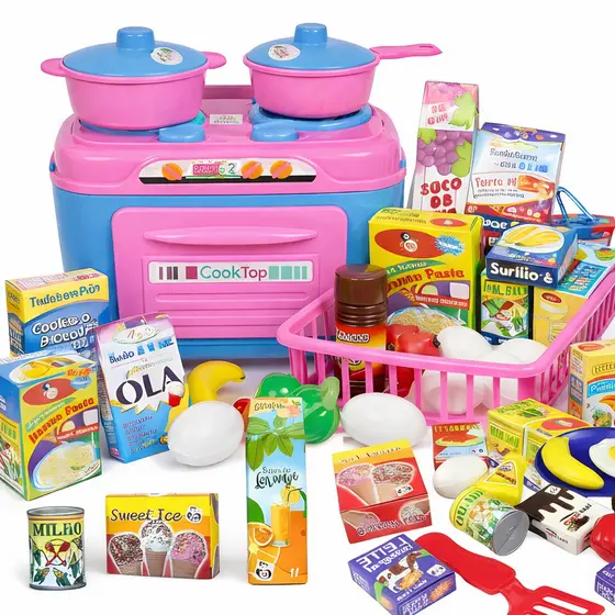 Brinquedo Infantil Cozinha E Mercado Com Fogão Cooktop Alimentos E Acessórios Educativos