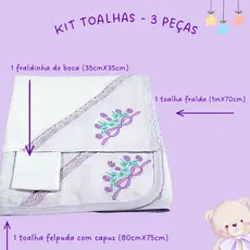 Kit 3Pçs Bordado Lilás Bebê Menina Toalha Felpuda Banho Capuz, Fralda 70x70cm e Fraldinha de Boca