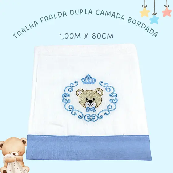 Toalha de Bebê Bordada Azul Bebê Tecido Fralda Algodão Macio Duplo - Lumana