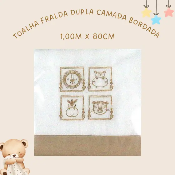 Toalha de Bebê Bordada Bege Tecido Fralda Algodão Macio Duplo - Lumana