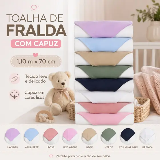 Toalha de Fralda com Capuz Bebê 100% Algodão Tecido Duplo 1,10m x 70cm Enxoval Baby Infantil