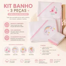 Kit Banho 3 Peças Rosa Bebê Menina Recém-Nascida [1 Toalha C/ Capuz, Toalha Fralda, Paninho de Boca]