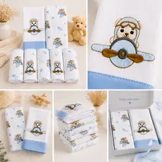 Kit 7 Peças Enxoval Bebê Menino Menina 5 Fraldas de Pano + 2 Toalhas Fralda Luxo Já Bordado