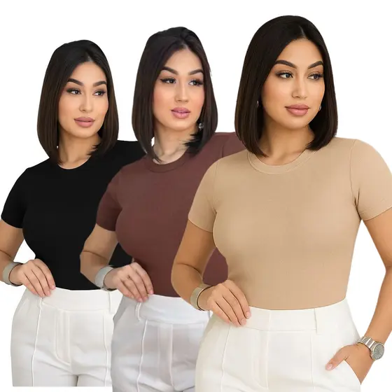Kit 3 Blusa Baby Look Feminina Suplex Duplo Academia Elegante
