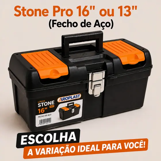 Maleta de Ferramentas Stone Pro com Fecho de Aço – 13” ou 16” Arqplast Preta e Laranja