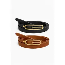 Kit 2 Cinto Básico Feminino Fivela Dourada Oval Para Calças Shorts Vestidos Marrom Preto