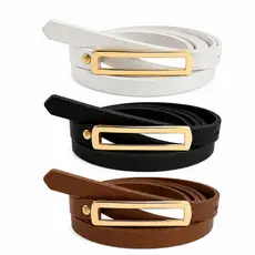 Kit 3 Cintos Feminino Fino Fivela Dourada Preto Branco Marrom Bege
