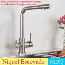 Torneira Cozinha Gourmet Com Filtro Bica,Giratória 360° - Água Quente e Fria, Aço Inox para Bancada