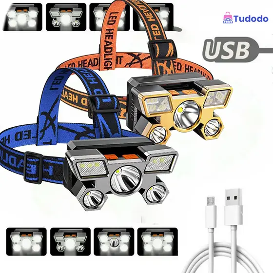 Lanterna Holofote De Cabeça 5 LED Super Brilhante À Prova D 'Água USB Recarregável 4 modos