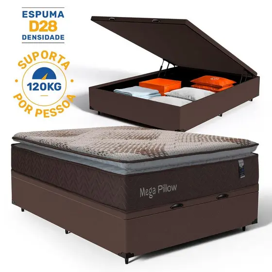 Cama Box Baú com Colchão de Espuma D28 Mega Pillow Casal 138cm