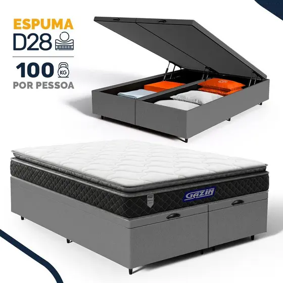 Cama Box Baú com Colchão Gazin de Espuma D28 Pillow Top Ortoblack Queen 158cm