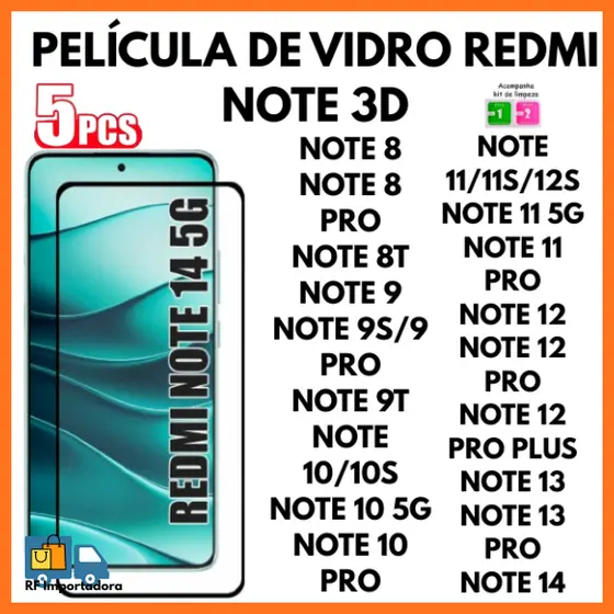 Película De Vidro 3D Temperado Para Redmi Note 8 9 10 11 12 13 14 4G/5G PRO PLUS