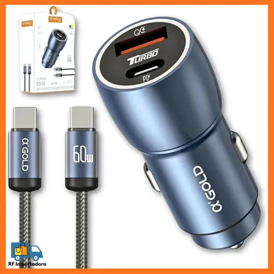 Kit Carregador Veícular 60W Turbo PD + USB-C Com Cabo Tipo-C/Tipo-C Para iPhone e Android A'gold