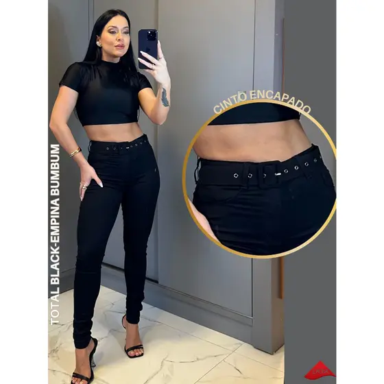 Calca Preta Modeladora Jeans Skinny Cintura Alta Com Cinto Levanta Bumbum