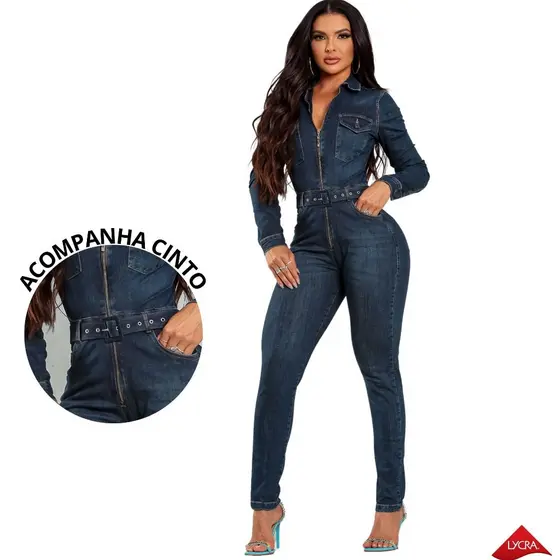 Macacão Jeans Feminino Manga Longa Com Lycra Acompanha Cinto