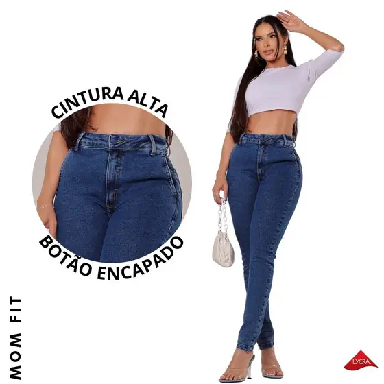 Calça Mom Fit Jeans Cintura Alta Com Lycra Modeladora