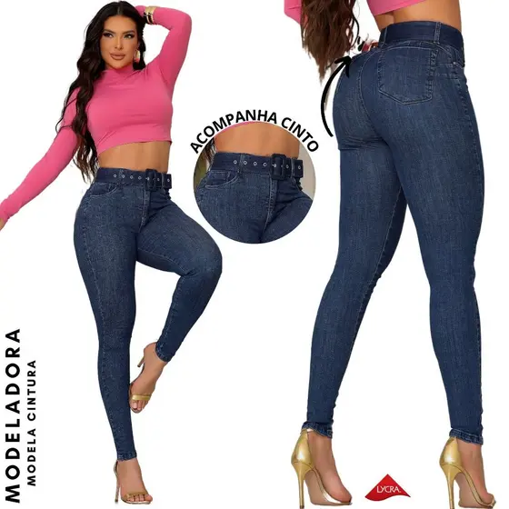 Calça Jeans Feminina Skinny Modeladora Escura Com Cinto