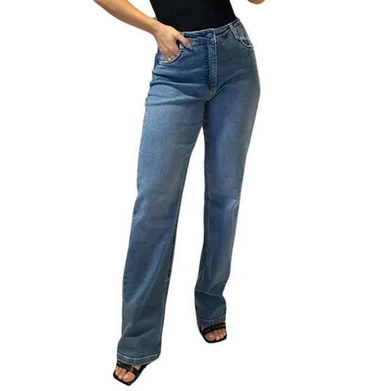 Calça Jeans Feminina Wide Leg Cós Alto Modela Cintura Lycra