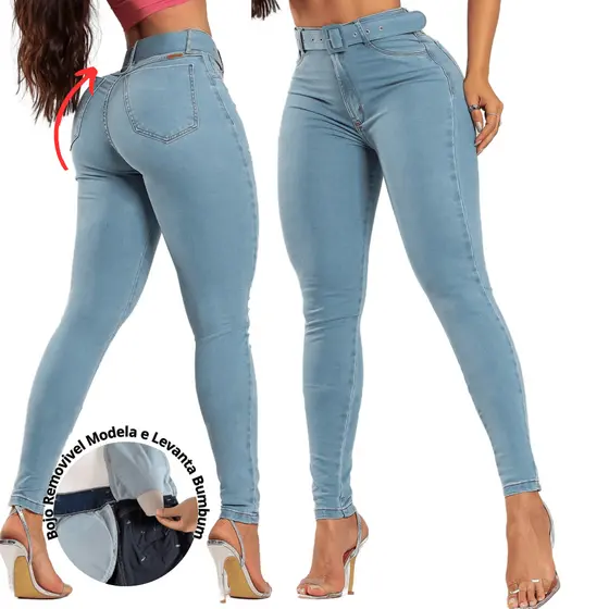 Calça Feminina Jeans Claro Cintura Alta C/ Cinto Super Lycra Modela Bumbum