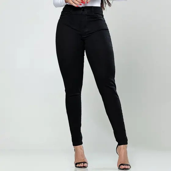 Calça Jeans Skinny Preta Basica Com Lycra E Cintura Alta