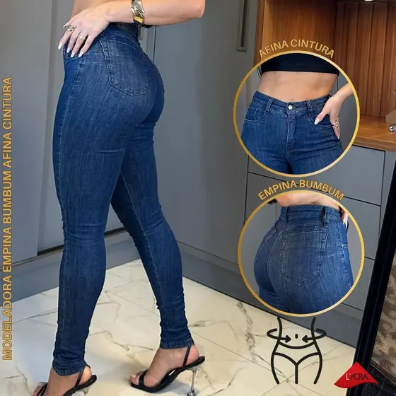 Calça Feminina Skinny Com Muita Lycra Cintura Alta Azul Escura