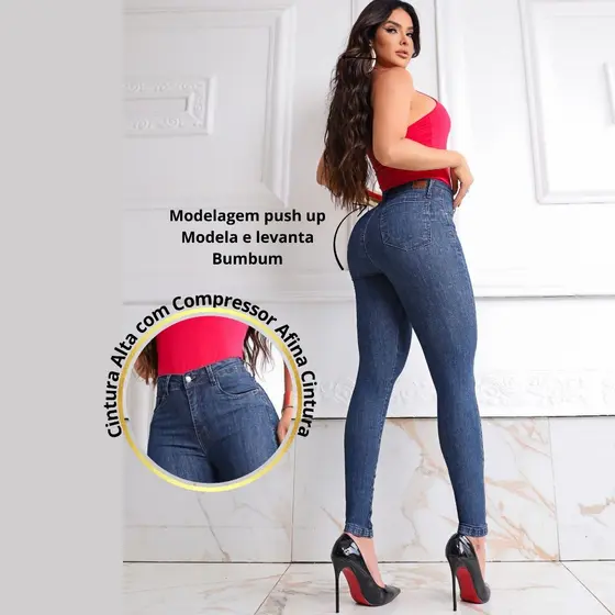 Calça Jeans Feminina Skinny Modeladora com Cintura Alta, Lycra e Efeito Levanta Bumbum