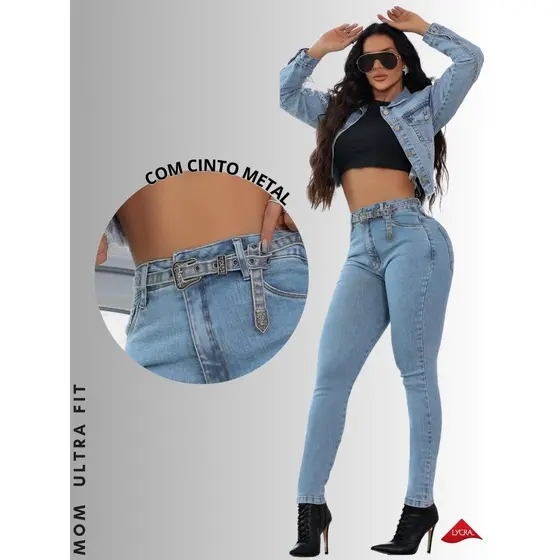 Calca Jeans Feminina Skinny com Cinto Metal Cintura Alta Com Super Elastano Premium Mom Ultra fit