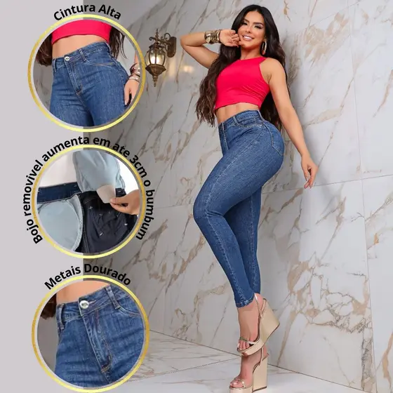 Calça Jeans Modeladora Tipo Pitbull Jeanscom Cintura Alta e Bojo Removível que Empina  o Bumbum