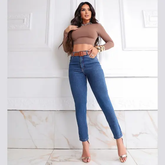 Calça Jeans Feminina Mom C/ Lycra Compressor Modela Cintura E Reduz Medidas Abdominais Azul Escuro