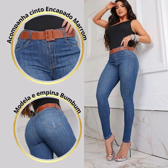 Calça Jeans Feminina Cintura Alta com Compressor Chapa Barriga Levanta Bumbum Lycra e Com Cinto