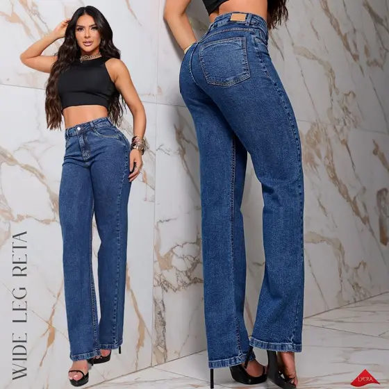Calça Jeans Feminina Wide Leg Reta com Lycra, Cintura Alta e Compressor Interno Redutor de Medidas